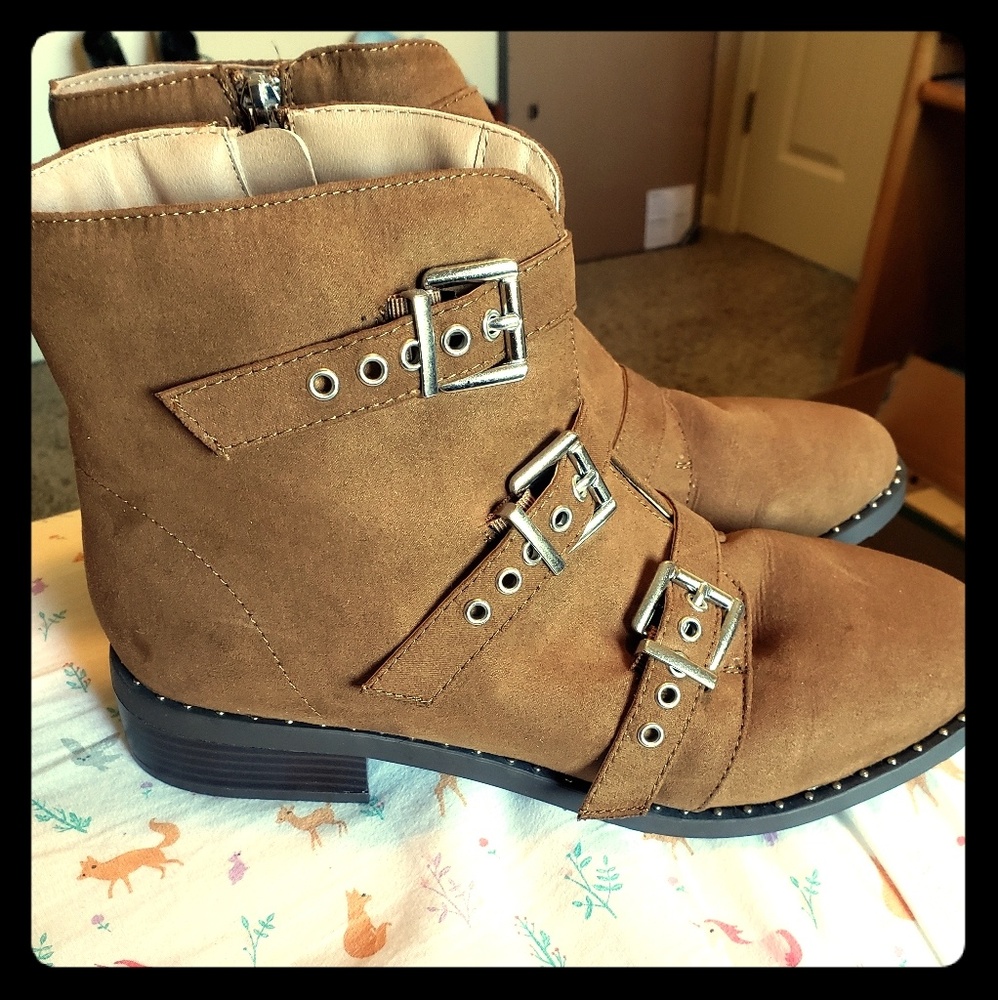 Brown Buckle & Stud Bootie (Wide Width)